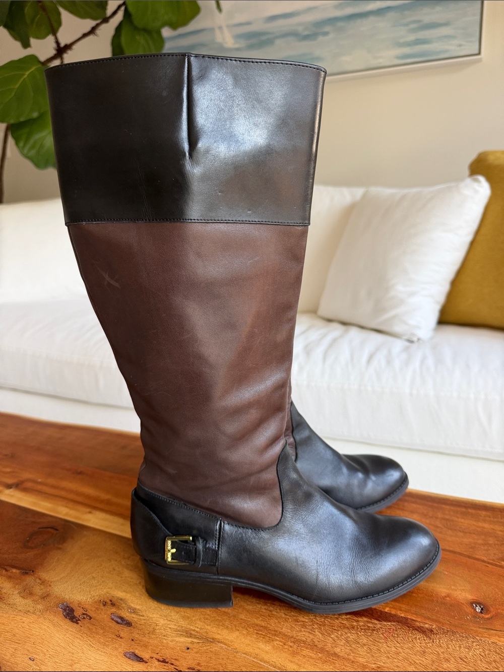 Ralph LaurenTwo-Tone Brown and Black Leather Tall Riding Boots